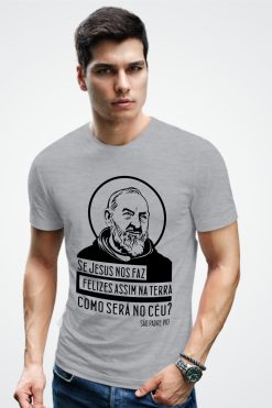 Camiseta São Padre Pio - P, Cinza Mescla